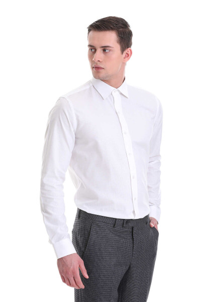 Beyaz Comfort Fit Desenli 100% Pamuklu Slim Yaka Uzun Kollu Klasik Gömlek - 3
