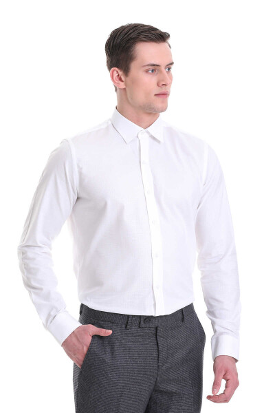 Beyaz Comfort Fit Desenli 100% Pamuklu Slim Yaka Uzun Kollu Klasik Gömlek - 4