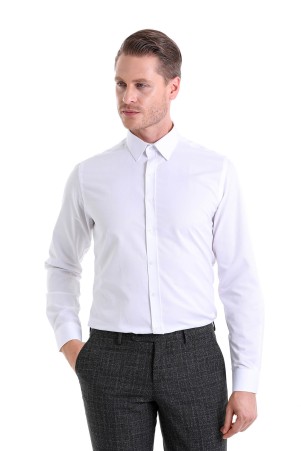 Beyaz Comfort Fit Desenli Pamuklu Slim Yaka Uzun Kollu Klasik Gömlek - Thumbnail