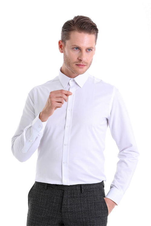 Beyaz Comfort Fit Desenli Pamuklu Slim Yaka Uzun Kollu Klasik Gömlek - Thumbnail (1)