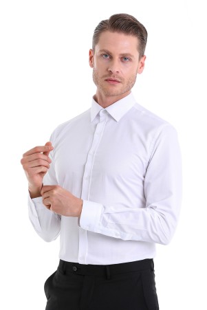 Beyaz Comfort Fit Desenli Pamuklu Slim Yaka Uzun Kollu Klasik Gömlek - Thumbnail