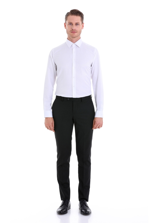 Beyaz Comfort Fit Desenli Pamuklu Slim Yaka Uzun Kollu Klasik Gömlek - Thumbnail (2)