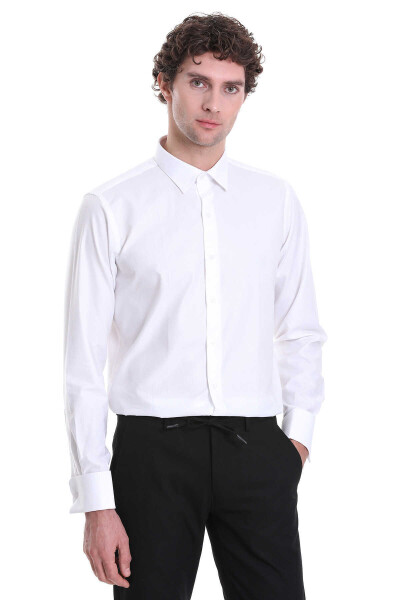 Beyaz Comfort Fit Desenli Slim Yaka 100% Pamuklu Manşetli Uzun Kollu Klasik Gömlek - 1