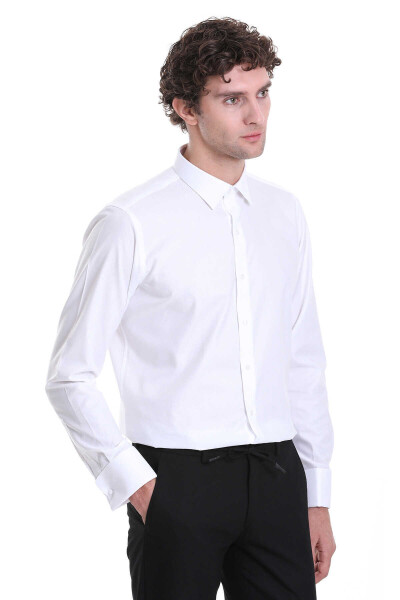 Beyaz Comfort Fit Desenli Slim Yaka 100% Pamuklu Manşetli Uzun Kollu Klasik Gömlek - 4