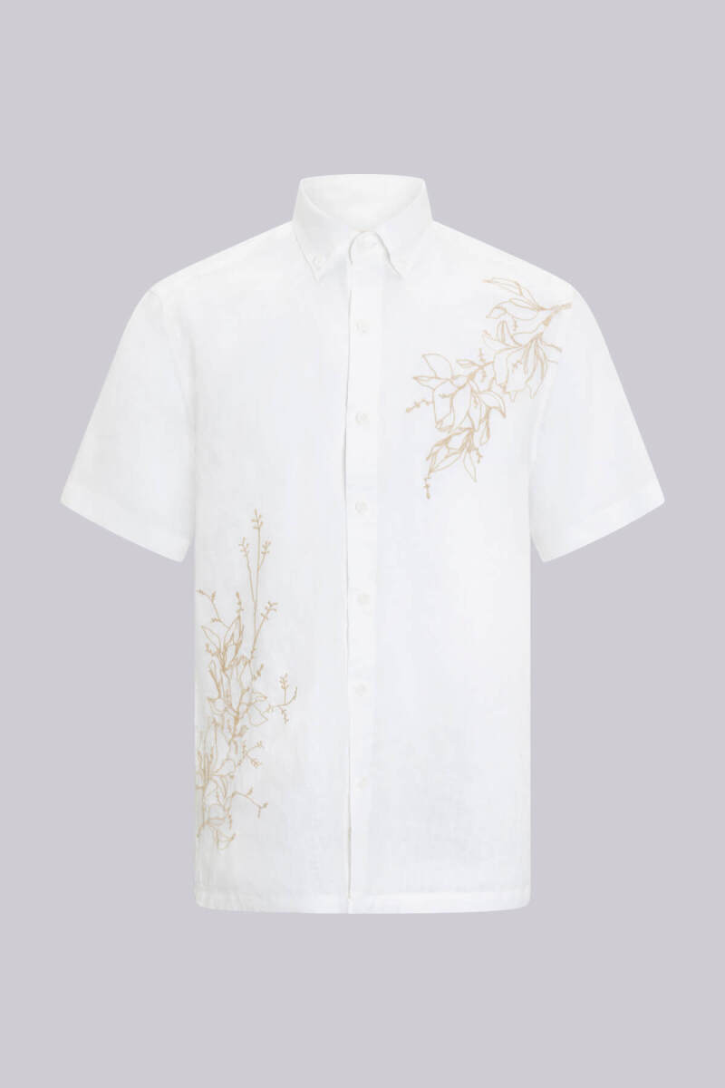 Beyaz Comfort Fit Düğmeli Yaka 100% Keten Kısa Kollu Gömlek - Saykı