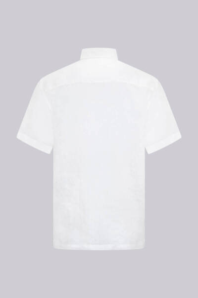 Beyaz Comfort Fit Düğmeli Yaka 100% Keten Kısa Kollu Gömlek - 2