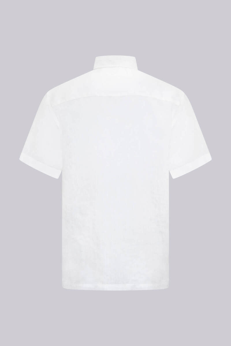 Beyaz Comfort Fit Düğmeli Yaka 100% Keten Kısa Kollu Gömlek - Saykı (1)