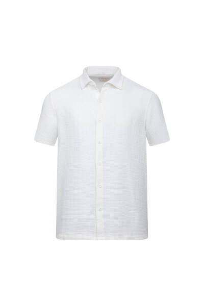 Beyaz Comfort Fit Düğmeli Yaka 100% Pamuk Kısa Kollu Casual Gömlek 