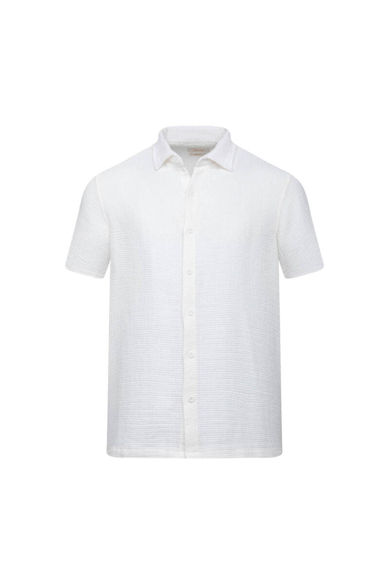 Beyaz Comfort Fit Düğmeli Yaka 100% Pamuk Kısa Kollu Casual Gömlek - Saykı