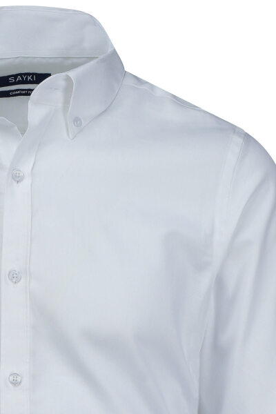 Beyaz Comfort Fit Düğmeli Yaka 100% Pamuk Uzun Kollu Oxford Gömlek - 2