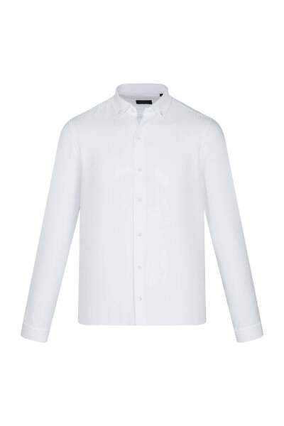 Beyaz Comfort Fit Düğmeli Yaka Uzun Kollu Casual Gömlek - 3