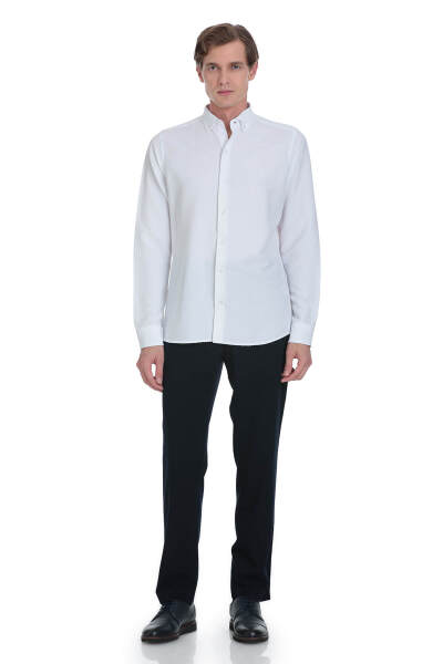 Beyaz Comfort Fit Düğmeli Yaka Uzun Kollu Casual Gömlek - 2