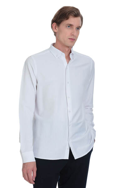 Beyaz Comfort Fit Düğmeli Yaka Uzun Kollu Casual Gömlek - 3