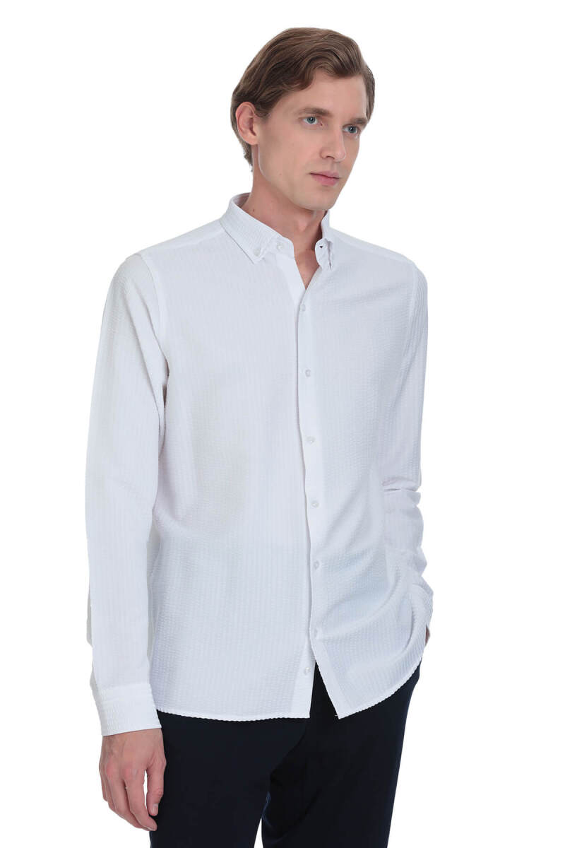 Beyaz Comfort Fit Düğmeli Yaka Uzun Kollu Casual Gömlek - Hatemoğlu (1)