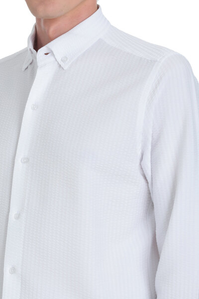 Beyaz Comfort Fit Düğmeli Yaka Uzun Kollu Casual Gömlek - 4