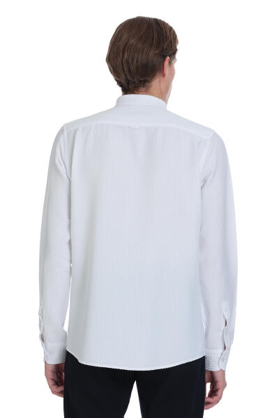 Beyaz Comfort Fit Düğmeli Yaka Uzun Kollu Casual Gömlek - 5