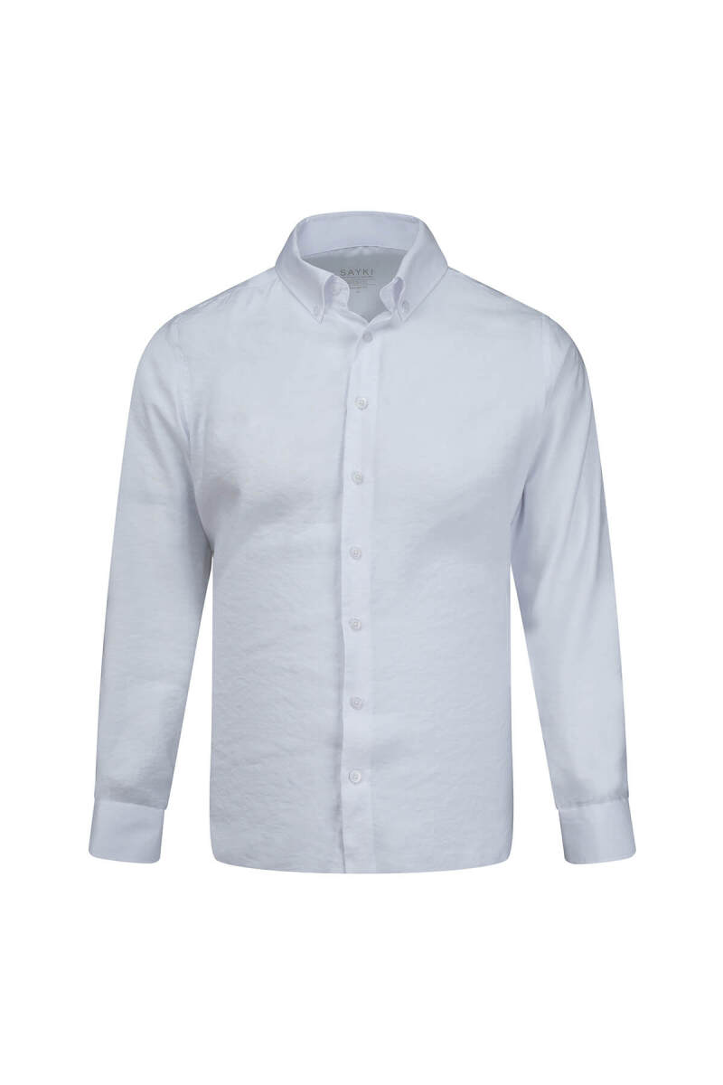Beyaz Comfort Fit Düğmeli Yaka Uzun Kollu Gömlek