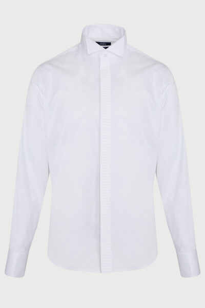 Beyaz Comfort Fit 100% Pamuk Ata Yaka Manşetli Uzun Kol Saten Damatlık Gömlek - 2