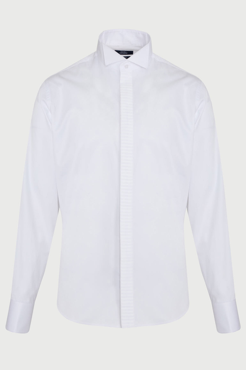 Beyaz Comfort Fit 100% Pamuk Ata Yaka Manşetli Uzun Kol Saten Damatlık Gömlek - Hatem Saykı (1)