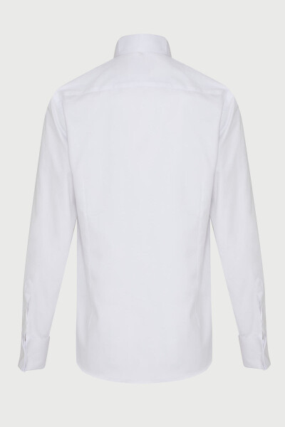 Beyaz Comfort Fit 100% Pamuk Ata Yaka Manşetli Uzun Kol Saten Damatlık Gömlek - 4