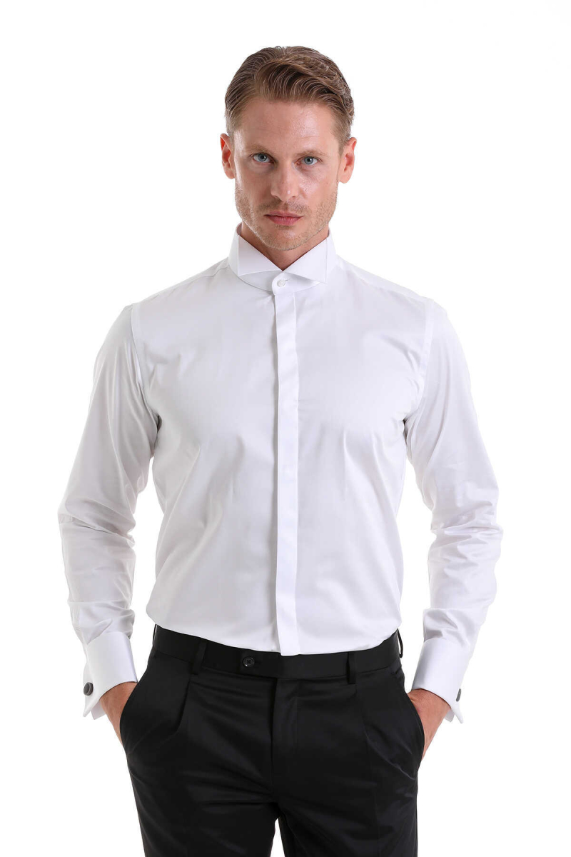 Beyaz Comfort Fit 100% Pamuk Ata Yaka Manşetli Uzun Kol Saten Damatlık Gömlek - Hatem Saykı