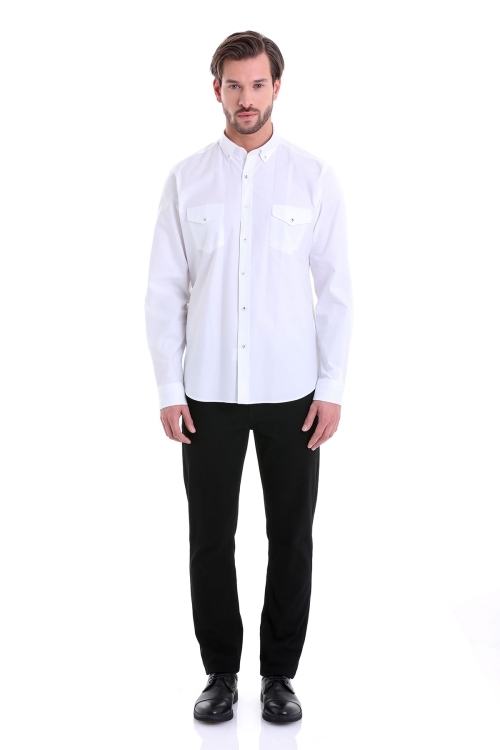 Beyaz Comfort Fit Düz 100% Pamuk Düğmeli Yaka Uzun Kollu Casual Gömlek - Thumbnail (3)