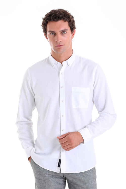 Hatem Saykı - Beyaz Comfort Fit Düz 100% Pamuk Düğmeli Yaka Uzun Kollu Casual Oxford Gömlek