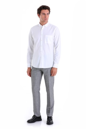 Beyaz Comfort Fit Düz 100% Pamuk Düğmeli Yaka Uzun Kollu Casual Oxford Gömlek - Thumbnail