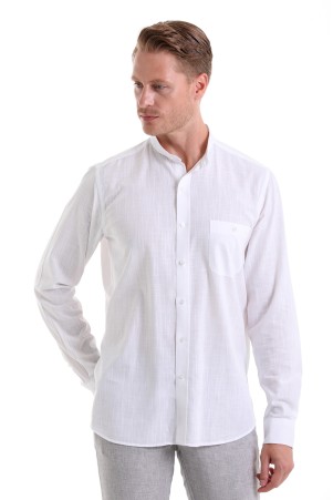 Beyaz Comfort Fit Düz 100% Pamuk Hakim Yaka Uzun Kollu Spor Gömlek - Thumbnail