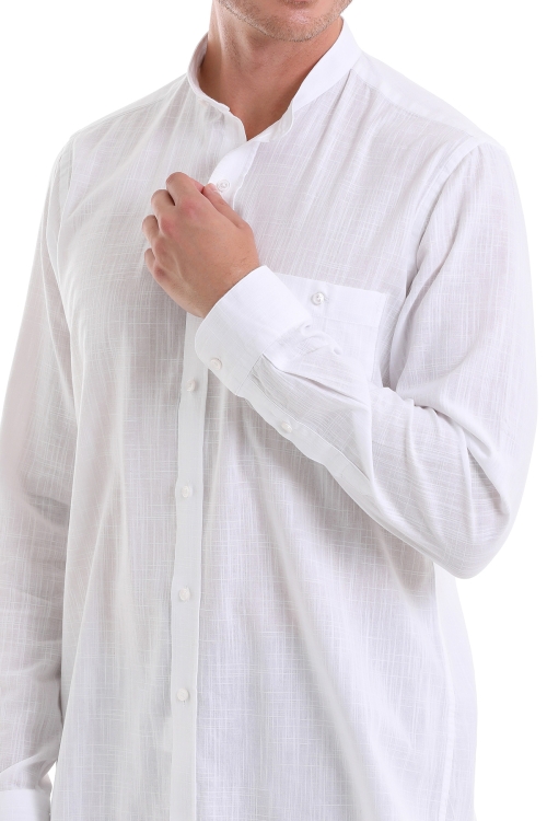 Beyaz Comfort Fit Düz 100% Pamuk Hakim Yaka Uzun Kollu Spor Gömlek - Thumbnail (2)