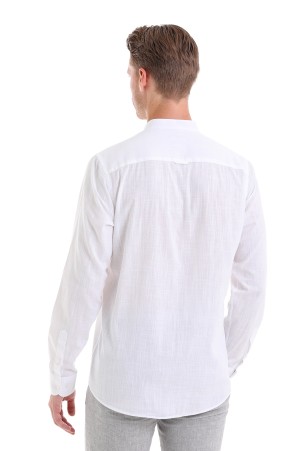 Beyaz Comfort Fit Düz 100% Pamuk Hakim Yaka Uzun Kollu Spor Gömlek - Thumbnail