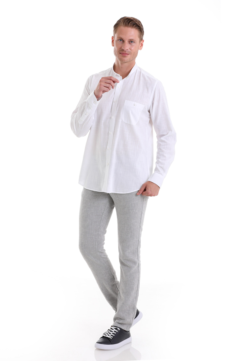 Beyaz Comfort Fit 100% Pamuk Hakim Yaka Uzun Kollu Spor Gömlek - HTML (1)