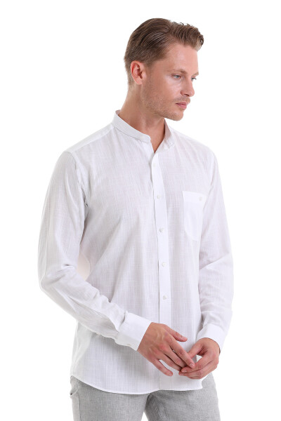 Beyaz Comfort Fit 100% Pamuk Hakim Yaka Uzun Kollu Spor Gömlek - 4