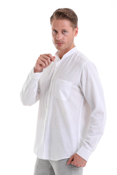 Beyaz Comfort Fit 100% Pamuk Hakim Yaka Uzun Kollu Spor Gömlek - 5