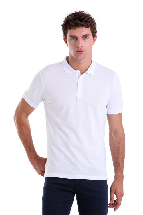 Hatemoğlu - Beyaz Comfort Fit Düz 100% Pamuk Polo Yaka Tişört