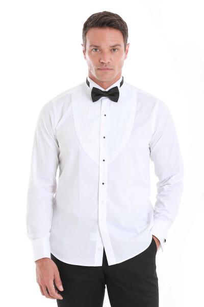 Beyaz Comfort Fit 100% Pamuk Slim Yaka Manşetli Saten Klasik Gömlek - 1