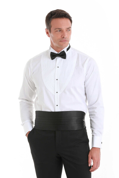 Beyaz Comfort Fit 100% Pamuk Slim Yaka Manşetli Saten Klasik Gömlek - 4