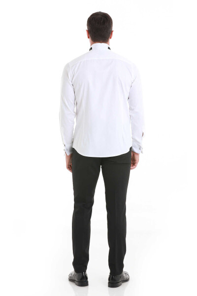 Beyaz Comfort Fit 100% Pamuk Slim Yaka Manşetli Saten Klasik Gömlek - 6