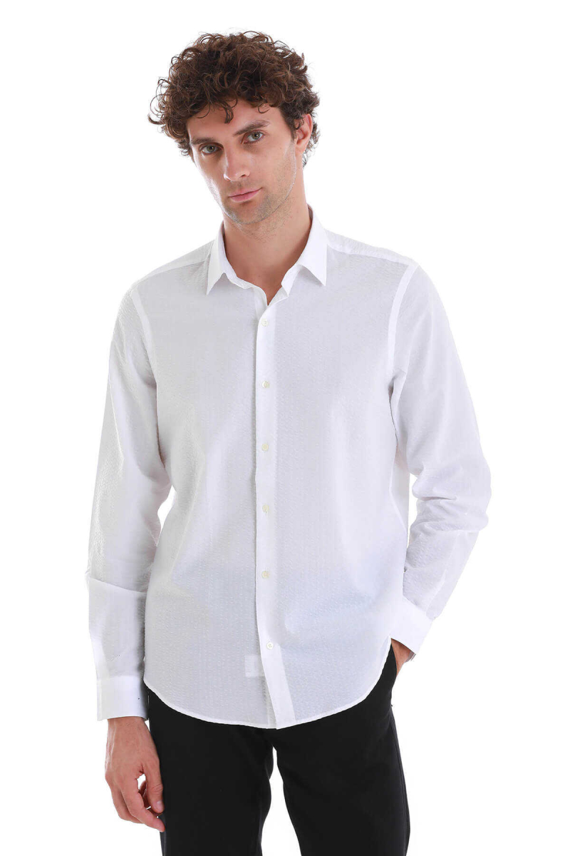 Beyaz Comfort Fit 100% Pamuk Slim Yaka Uzun Kollu Spor Gömlek - Hatem Saykı