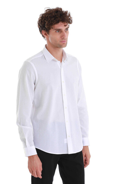 Beyaz Comfort Fit 100% Pamuk Slim Yaka Uzun Kollu Spor Gömlek - 3