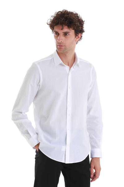 Beyaz Comfort Fit 100% Pamuk Slim Yaka Uzun Kollu Spor Gömlek - 4