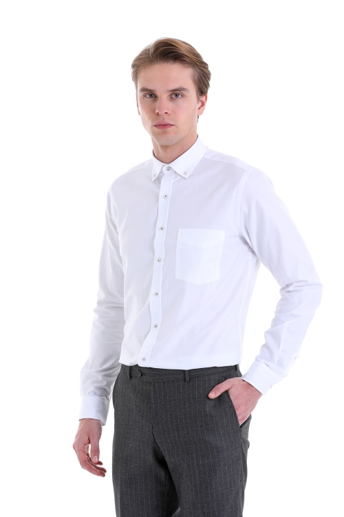 Hatem Saykı - Beyaz Comfort Fit Düz 100% Pamuk Düğmeli Yaka Uzun Kollu Casual Gömlek