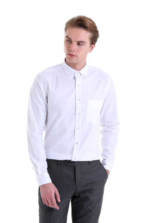Beyaz Comfort Fit Düz 100% Pamuk Düğmeli Yaka Uzun Kollu Casual Gömlek - Thumbnail (1)