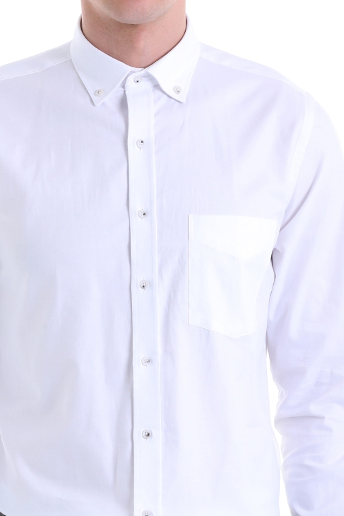 Beyaz Comfort Fit Düz 100% Pamuk Düğmeli Yaka Uzun Kollu Casual Gömlek - Thumbnail (3)