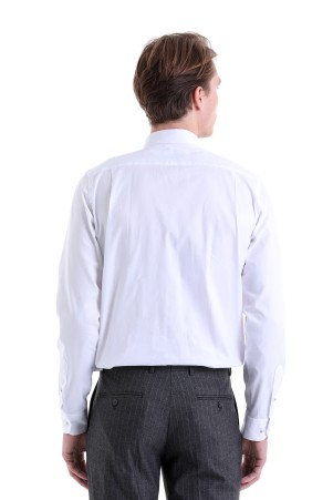Beyaz Comfort Fit Düz 100% Pamuk Düğmeli Yaka Uzun Kollu Casual Gömlek - Thumbnail