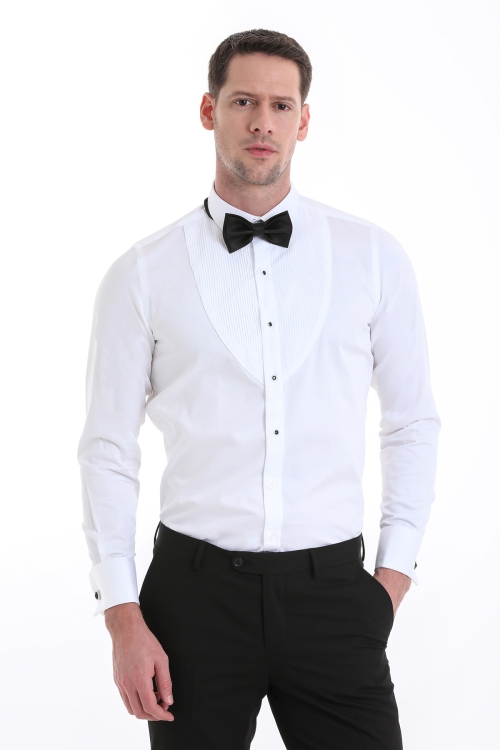 Hatem Saykı - Beyaz Comfort Fit Düz 100% Pamuklu Slim Yaka Manşetli Uzun Kollu Damatlık Gömlek