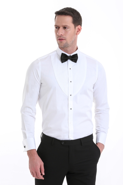 Beyaz Comfort Fit Düz 100% Pamuklu Slim Yaka Manşetli Uzun Kollu Damatlık Gömlek - Thumbnail (3)