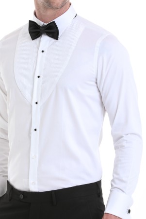 Beyaz Comfort Fit Düz 100% Pamuklu Slim Yaka Manşetli Uzun Kollu Damatlık Gömlek - Thumbnail