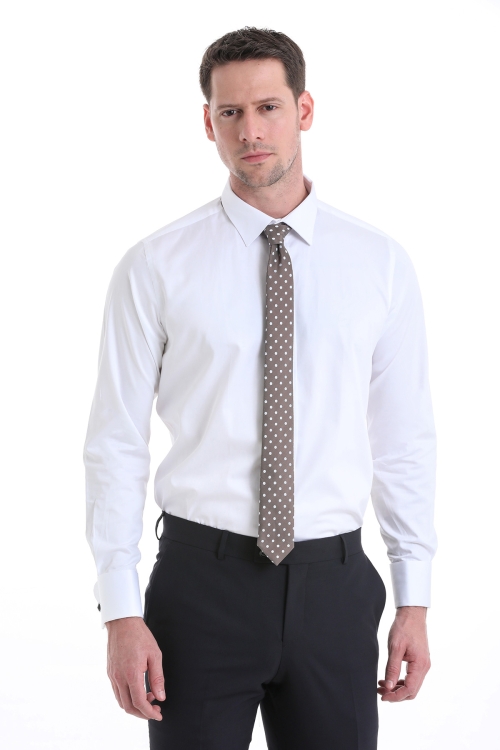 Beyaz Comfort Fit Düz 100% Pamuklu Slim Yaka Manşetli Uzun Kollu Saten Klasik Gömlek - Thumbnail (3)