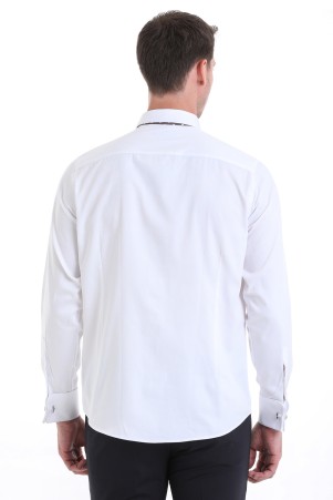 Beyaz Comfort Fit Düz 100% Pamuklu Slim Yaka Manşetli Uzun Kollu Saten Klasik Gömlek - Thumbnail
